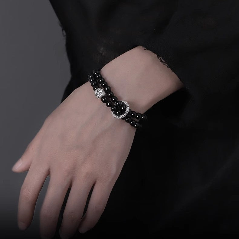 Natural Obsidian Double Layer Sterling Silver Bracelet Male and Female Same New Chinese Xiangyun Transfer Beads Double Circle Bracelet Gift