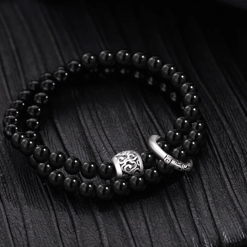 Natural Obsidian Double Layer Sterling Silver Bracelet Male and Female Same New Chinese Xiangyun Transfer Beads Double Circle Bracelet Gift