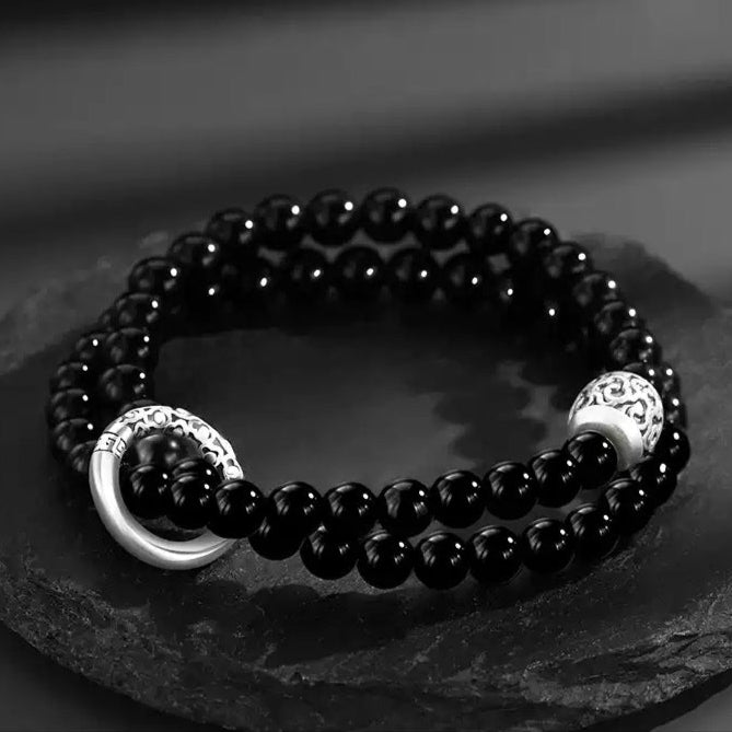 Natural Obsidian Double Layer Sterling Silver Bracelet Male and Female Same New Chinese Xiangyun Transfer Beads Double Circle Bracelet Gift