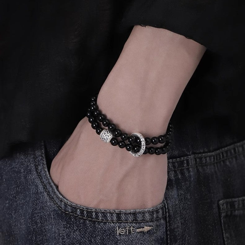 Natural Obsidian Double Layer Sterling Silver Bracelet Male and Female Same New Chinese Xiangyun Transfer Beads Double Circle Bracelet Gift